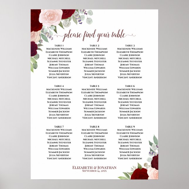 Burgundy Blush Rose 9 Tabelle Hochzeitstabelle Poster (Vorne)