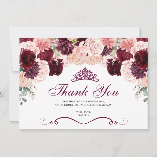 Burgundy Blush rose Floral Quinceanera Merci (Devant)