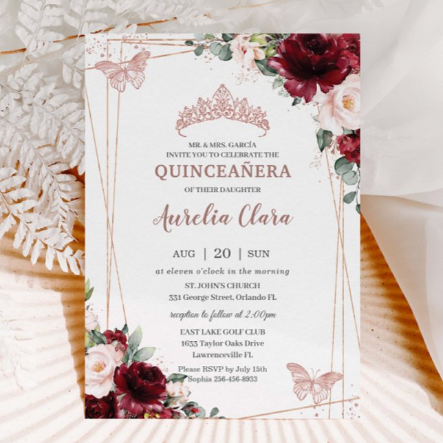 Burgundy Blush Rose Gold Tiara Quinceañera Einladung (Von Creator hochgeladen)