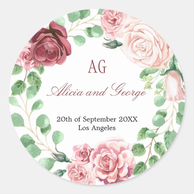 Burgundy Blush Rose Wreath Mit Monogramm Hochzeit Runder Aufkleber (Vorderseite)