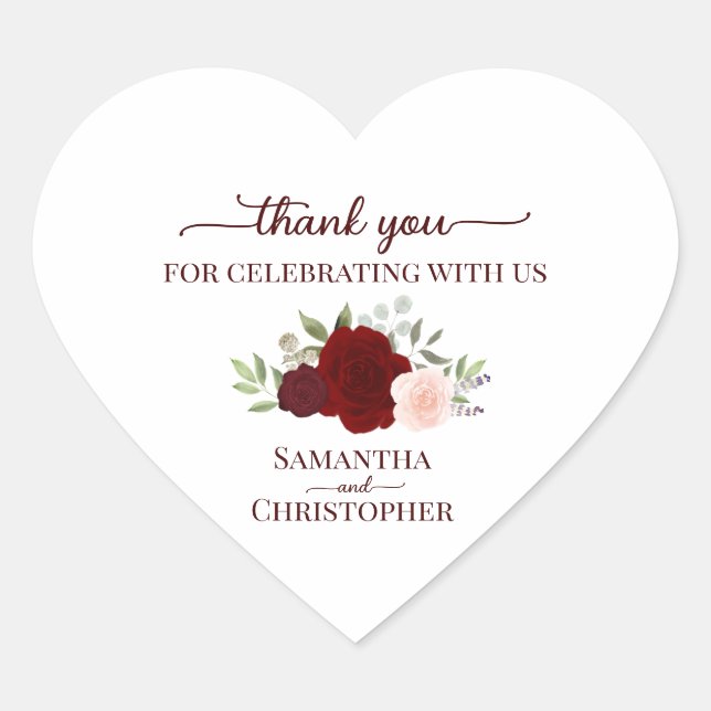 Burgundy Blush Roses Elegant Wedding Thank You Herz-Aufkleber (Vorderseite)