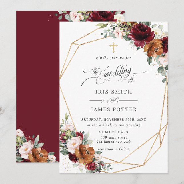 Burgundy Blush Rust Orange Floral Church Wedding   Einladung (Vorne/Hinten)