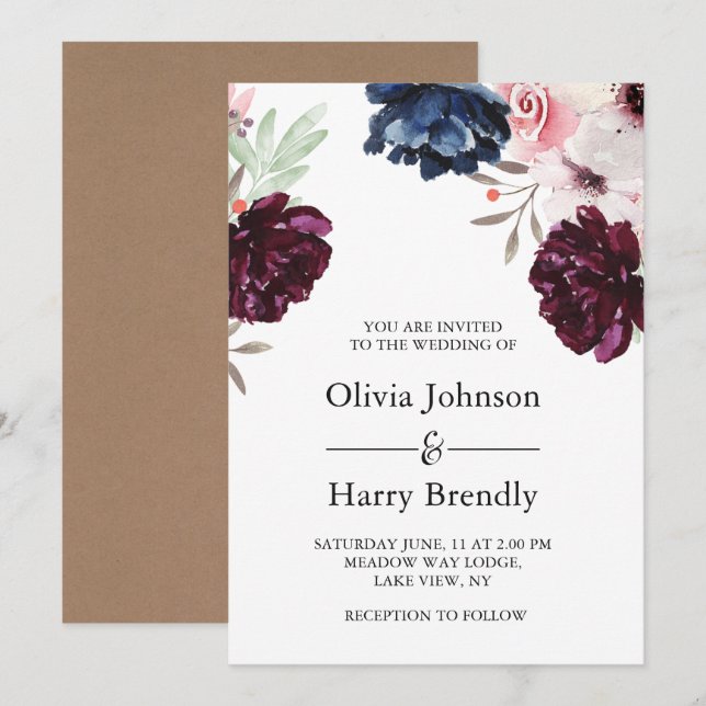 Burgundy Blush Rustic Kraft Floral Wedding Einladung (Vorne/Hinten)