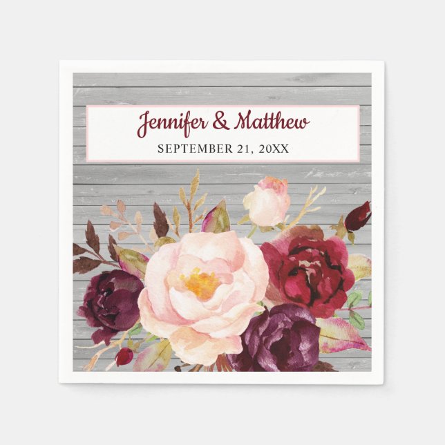 Burgundy Blush Rustikales Hochzeitspapier Serviette (Vorderseite)