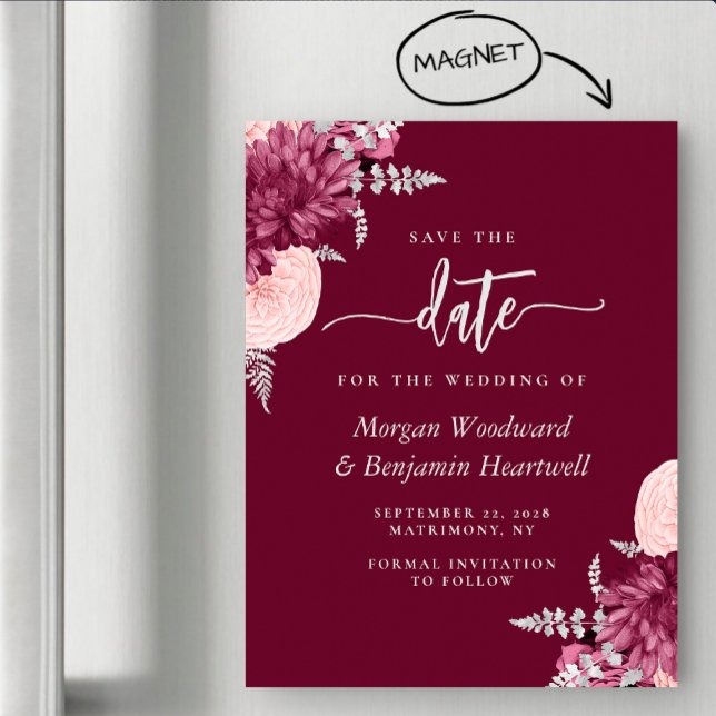 Burgundy Blush Silver Floral Wedding Save the Date Magneteinladung (Von Creator hochgeladen)