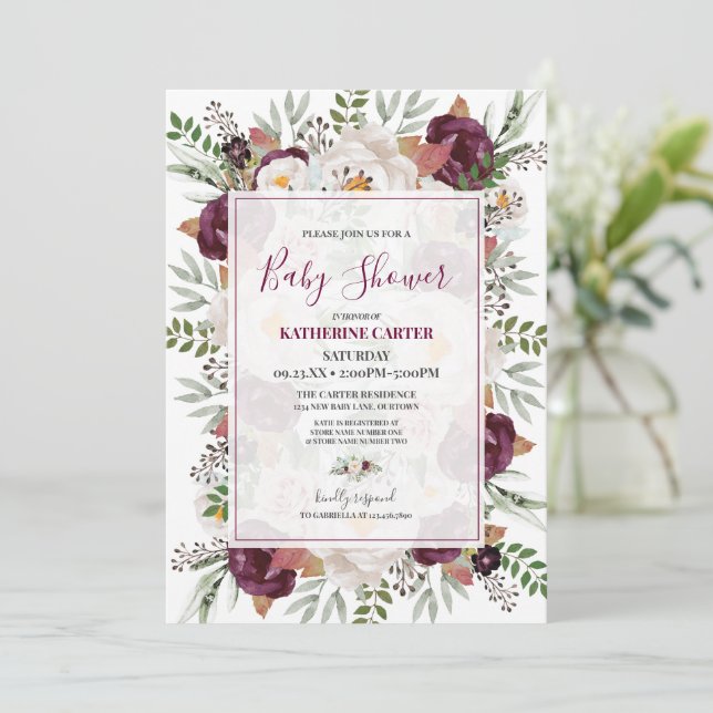 Burgundy Blush Wassercolor Babydusche Einladung (Stehend Vorderseite)
