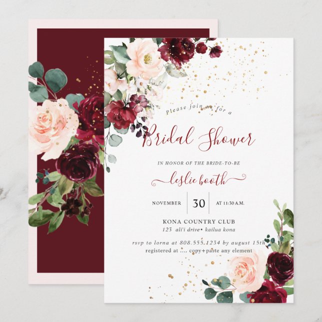 Burgundy Blush Wasserfarbe Blume Brautparty Einladung (Vorne/Hinten)
