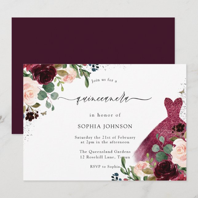 Burgundy Blush Wasserfarbe Blumenkleid Quinceanera Einladung (Vorne/Hinten)