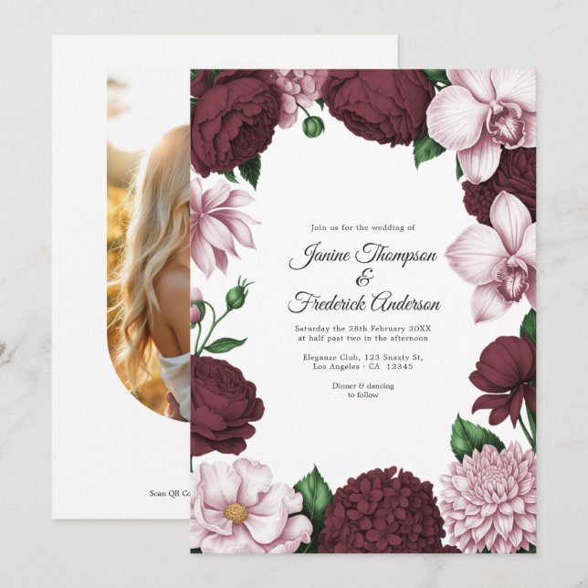 Burgundy & Blush Watercolor Floral Wedding Einladung (Vorne/Hinten)