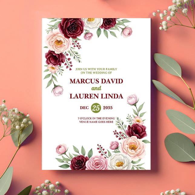 Burgundy Blush Wildflower Wedding Invitation Card Einladung (Von Creator hochgeladen)