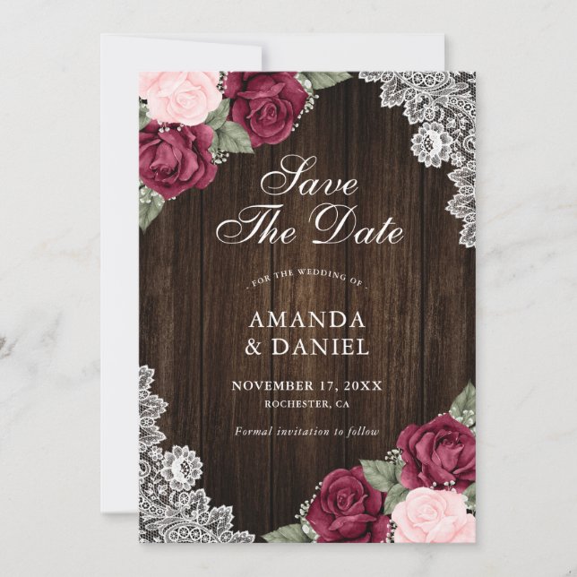 Burgundy Blush Wood Floral Wedding Foto Save The Date (Vorderseite)