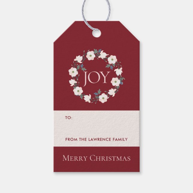 Burgundy Blush Wreath Joy Floral Weihnachtsfeierta Geschenkanhänger (Vorderseite)