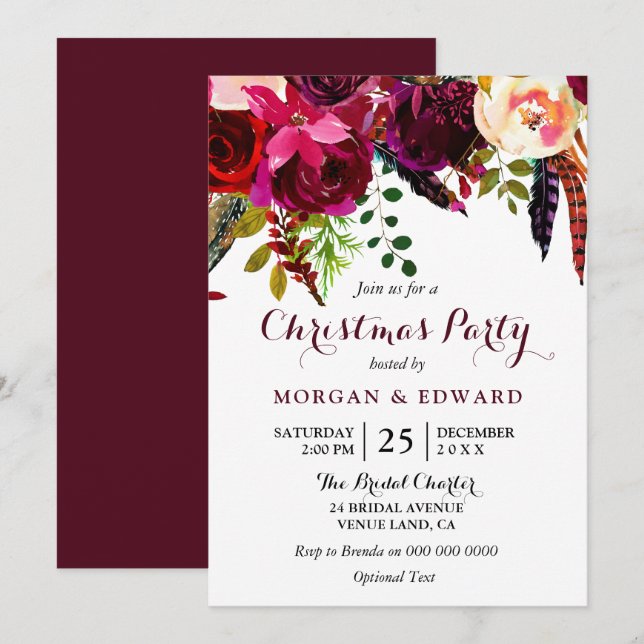 Burgundy Boho Blume Weihnachts-Party Einladung (Vorne/Hinten)