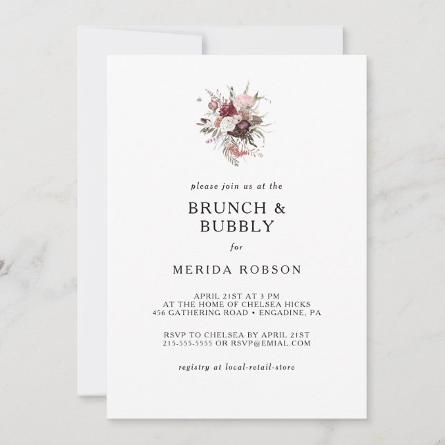 Burgundy Boho Blumenbrunch und Bubbly Dusche Invi Einladung (Vorderseite)