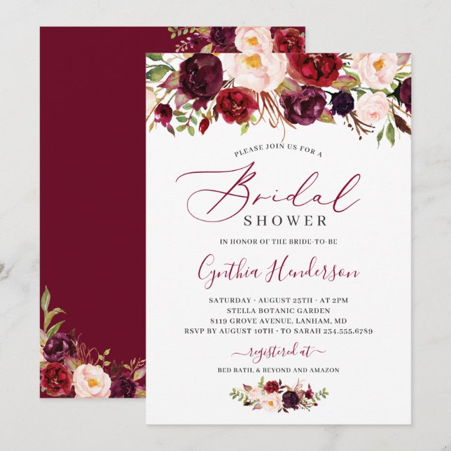 Burgundy Boho Blumenkalligrafie-Brautparty Einladung (Vorne/Hinten)