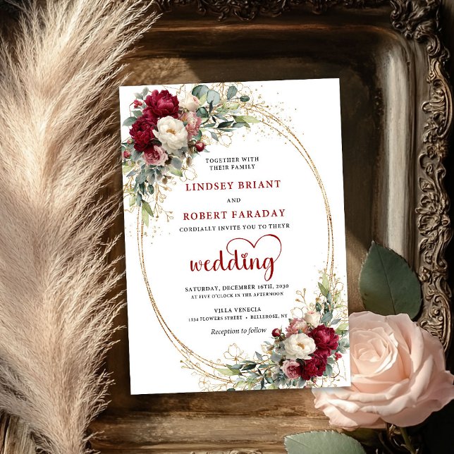 Burgundy Boho Botanical Floral Wedding Invite Einladung (Burgundy Boho Botanical Floral Wedding Invite)