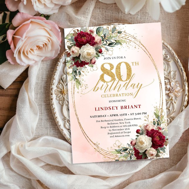 Burgundy Boho Chic Floral 80th Birthday Party  Einladung (Burgundy Boho Chic Floral 80th Birthday Party Invite)