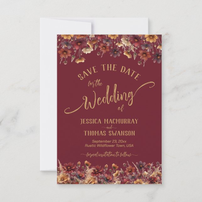 Burgundy Boho Chic Wildflowers Calligraphy Wedding Save The Date (Vorderseite)