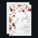 Burgundy Boho Fall Floral 40. Geburtstag Einladung<br><div class="desc">Genießen Sie den Herbst und die rustikale Eleganz der Blumen mit diesem 40. Geburtstag Party. Machen Sie Ihren Meilenstein unvergesslich und Ihr Set zum perfekten Ton für Ihren 40. Geburtstag. Passende Artikel in unserem Shop Cava Party Design</div>