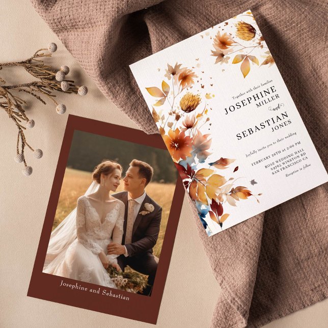 Burgundy Boho Fall Floral Foto Hochzeit Einladung (Von Creator hochgeladen)