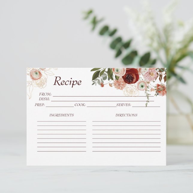 Burgundy Boho Floral Brautparty Rezept Card Dankeskarte (Stehend Vorderseite)