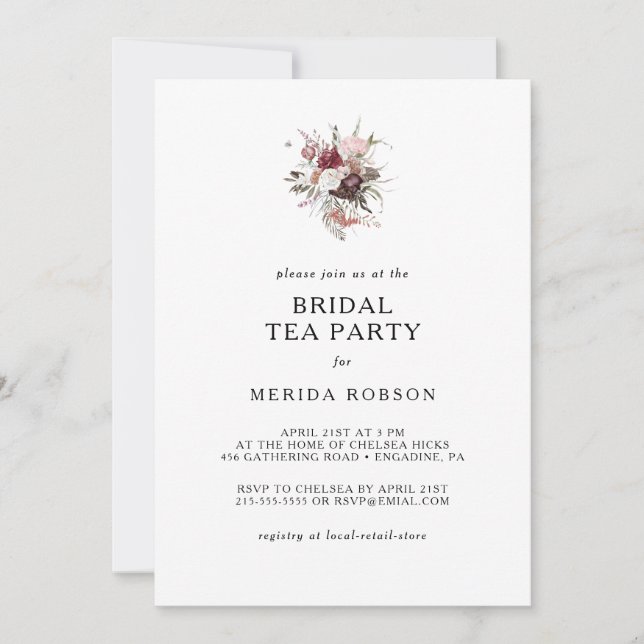 Burgundy Boho Floral Bridal Tee Party Einladung (Vorderseite)