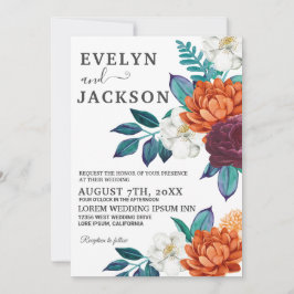 Burgundy Boho Floral Foto Hochzeit im Herbst Einladung