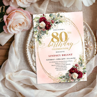Burgundy Boho Floral Gold Frame 80th Birthday  Einladung