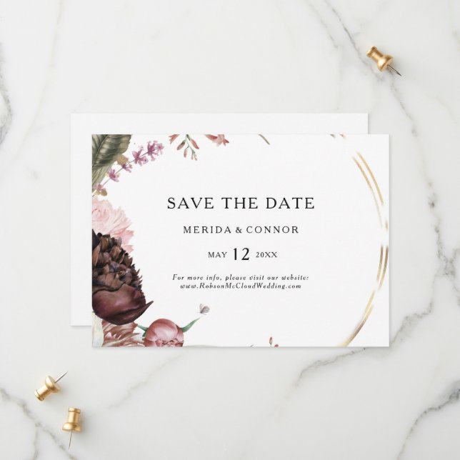 Burgundy Boho Floral Horizontal Save the Date (Vorderseite/Rückseite Beispiel)