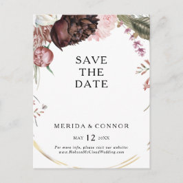 Burgundy Boho Floral Save the Date Postkarte