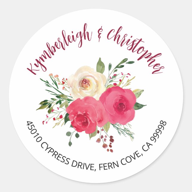 Burgundy Boho Floral Wedding Address Umschlag Aufk Runder Aufkleber (Vorderseite)