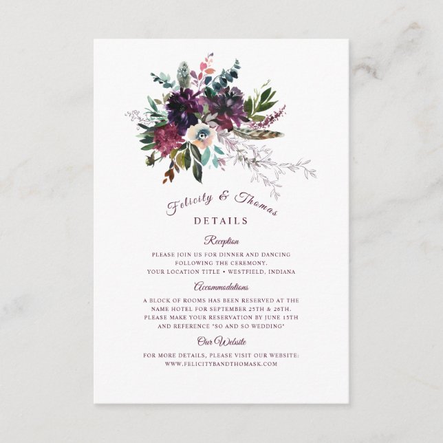 Burgundy Boho Floral Wedding Bouquet Details Begleitkarte (Vorderseite)