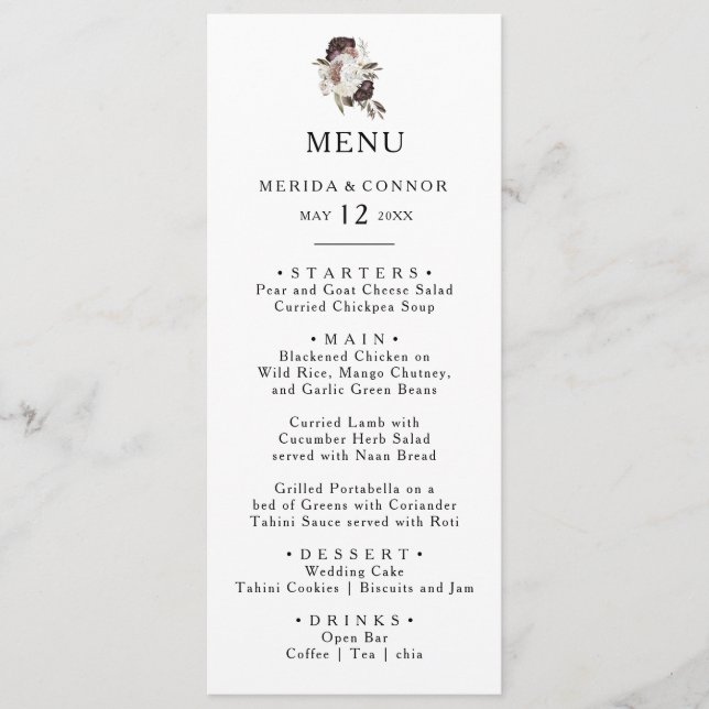 Burgundy Boho Floral Wedding Dinner Menu Menükarte (Vorderseite)