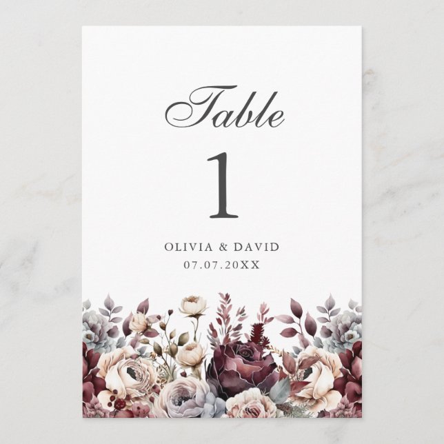 Burgundy Boho Floral Wedding Tischnummer (Vorderseite)