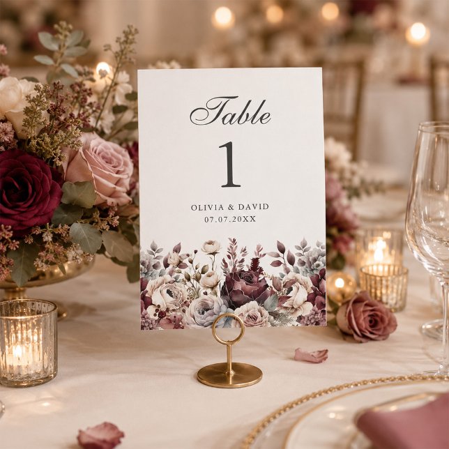 Burgundy Boho Floral Wedding Tischnummer (Elegant Burgundy & Dusty Rose Wedding Table Number on an elegant wedding dinner table)