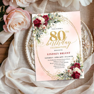 Burgundy Boho Garden Floral 80th Birthday Invite Einladung