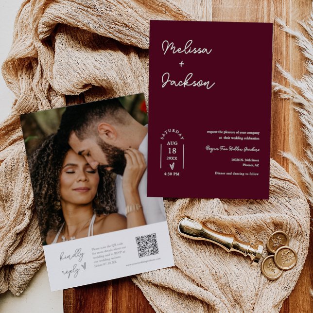 Burgundy Boho Minimalistisch Wedding QR Code Foto Einladung (Von Creator hochgeladen)