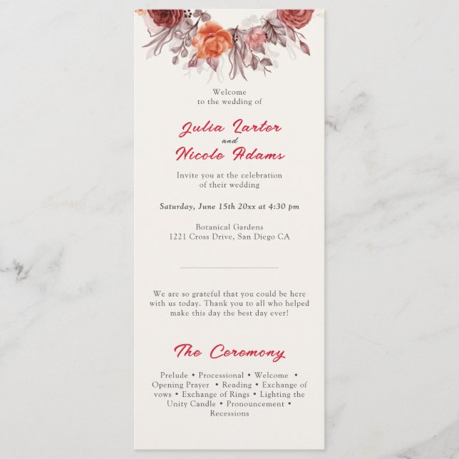 Burgundy Boho Rose Floral Pampas Grass Wedding Programm (Vorderseite)