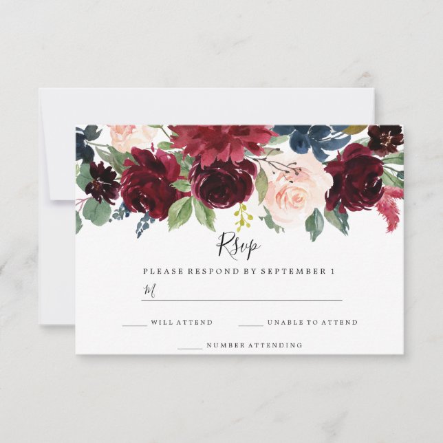 Burgundy Boho Watercolor Floral Wedding RSVP (Vorderseite)