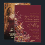 Burgundy Boho Wildflowers & Photo QR Code Wedding Einladung<br><div class="desc">Invite your friends and family to share in your joy on your special day with this beautiful wedding invitation. The rustic boho chic design boasts elegant script handwriting-style typography in a modern right justified layout with sprays of bohemian wildflowers along the left. The beautiful deep burgundy colored background with flowers...</div>