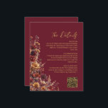 Burgundy Boho Wildflowers QR Code Wedding Details Begleitkarte<br><div class="desc">Make it easy for your guests to find all the information they need as well as your wedding website with this beautiful wedding details card. Features a rustic boho chic design with an elegant gold script title and autumn wildflowers on a burgundy colored background. There is a customizable QR code...</div>