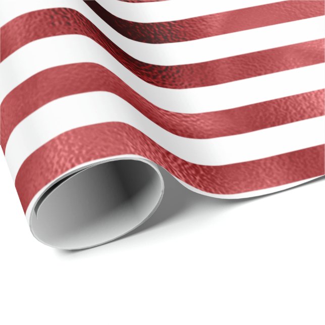 Burgundy Bordeaux Red Stripes Lines White Metal Geschenkpapier (Rolleneckpunkt)
