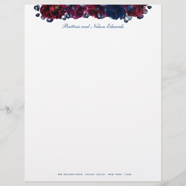 Burgundy Bordeaux Sapphire Peony Floral Briefbogen (Vorderseite)