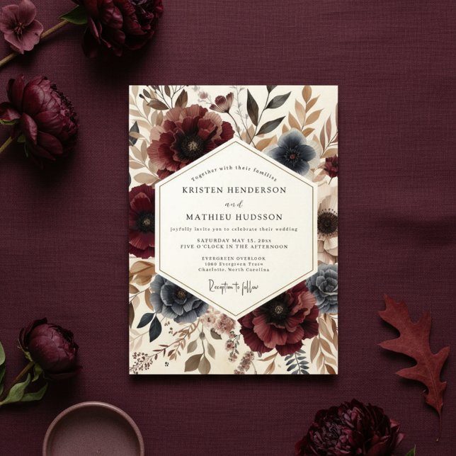 Burgundy Botanical Autumn Wedding Einladung (Von Creator hochgeladen)