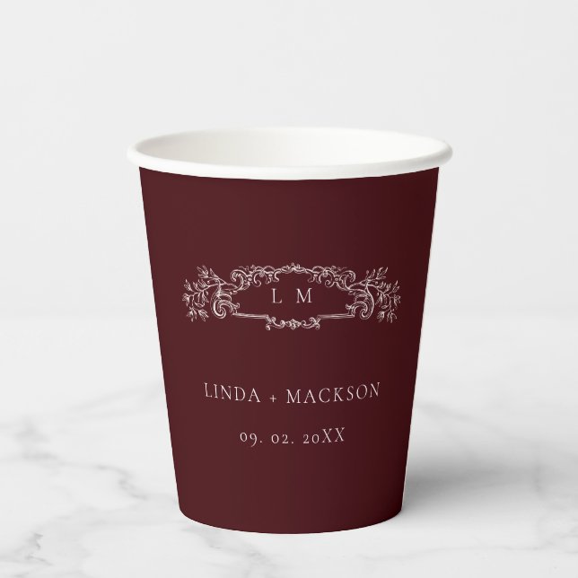 Burgundy botanical crest monogram wedding pappbecher (Rückseite)