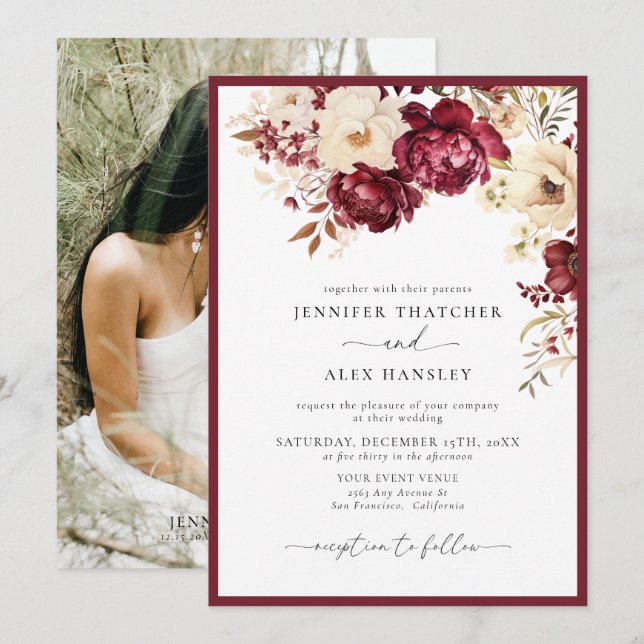 Burgundy Botanical | Elegantes Foto Hochzeit Einla Einladung (Vorne/Hinten)