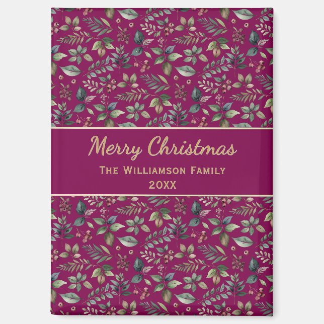 Burgundy Botanical Frohe Weihnachten Personalisier Magnet (Vorderseite)