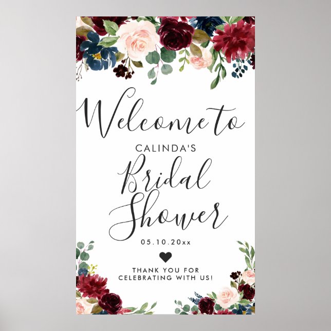 Burgundy Bouquet | Bridal Shower Welcome Poster (Vorne)