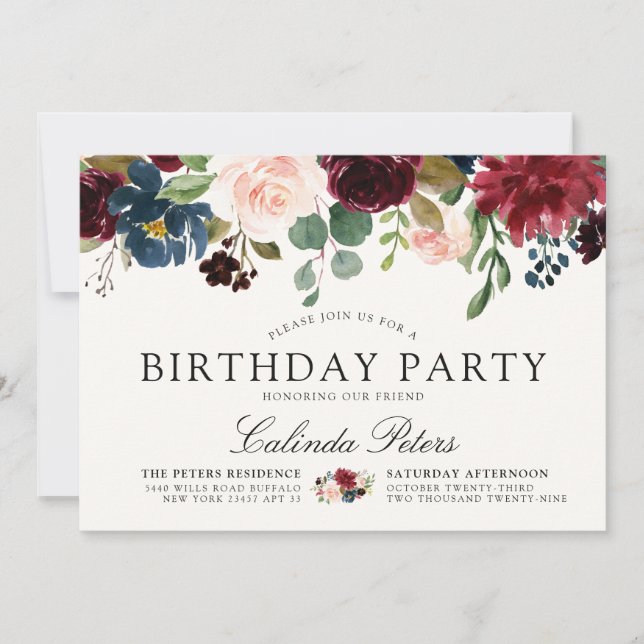 Burgundy Bouquet | Floral Birthday Party Einladung (Vorderseite)