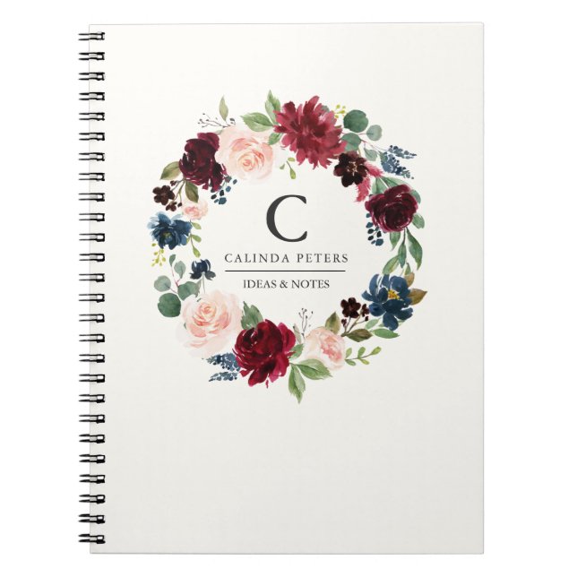 Burgundy Bouquet | Floral monogramm Notizblock (Vorderseite)
